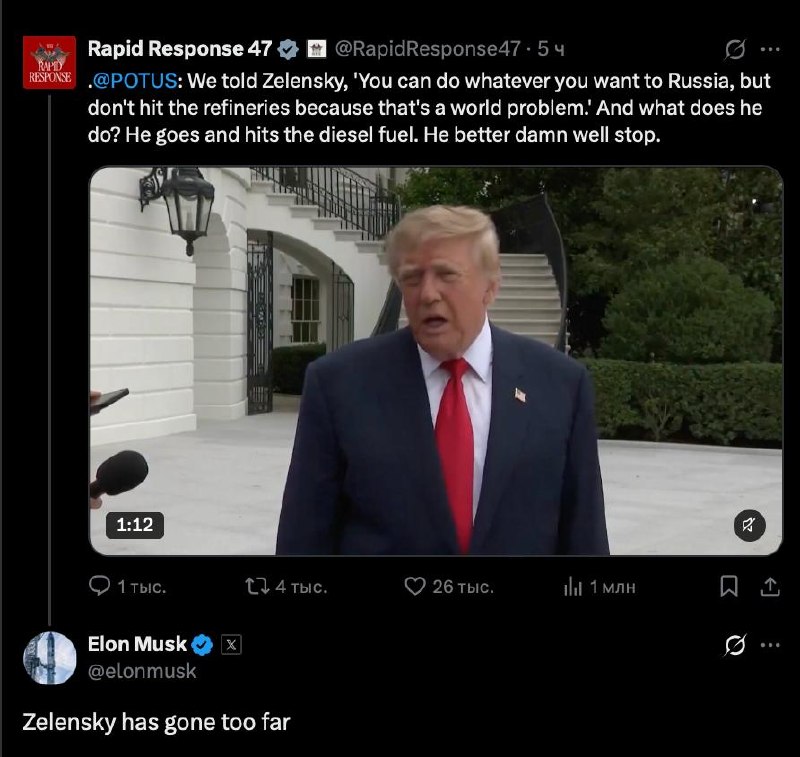 Musk comments on Trump's statement about Zelensky