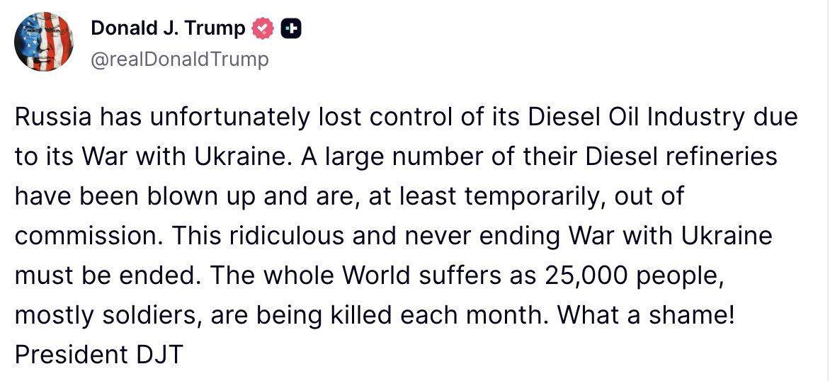 Trump on Russia's Loss of Control over Oil Refining due to War with Ukraine